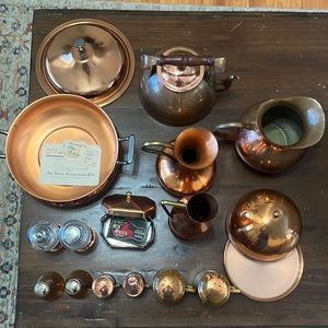 Antique old Dutch, Tagus, and cooks bazaar copper kitchenware bundle.